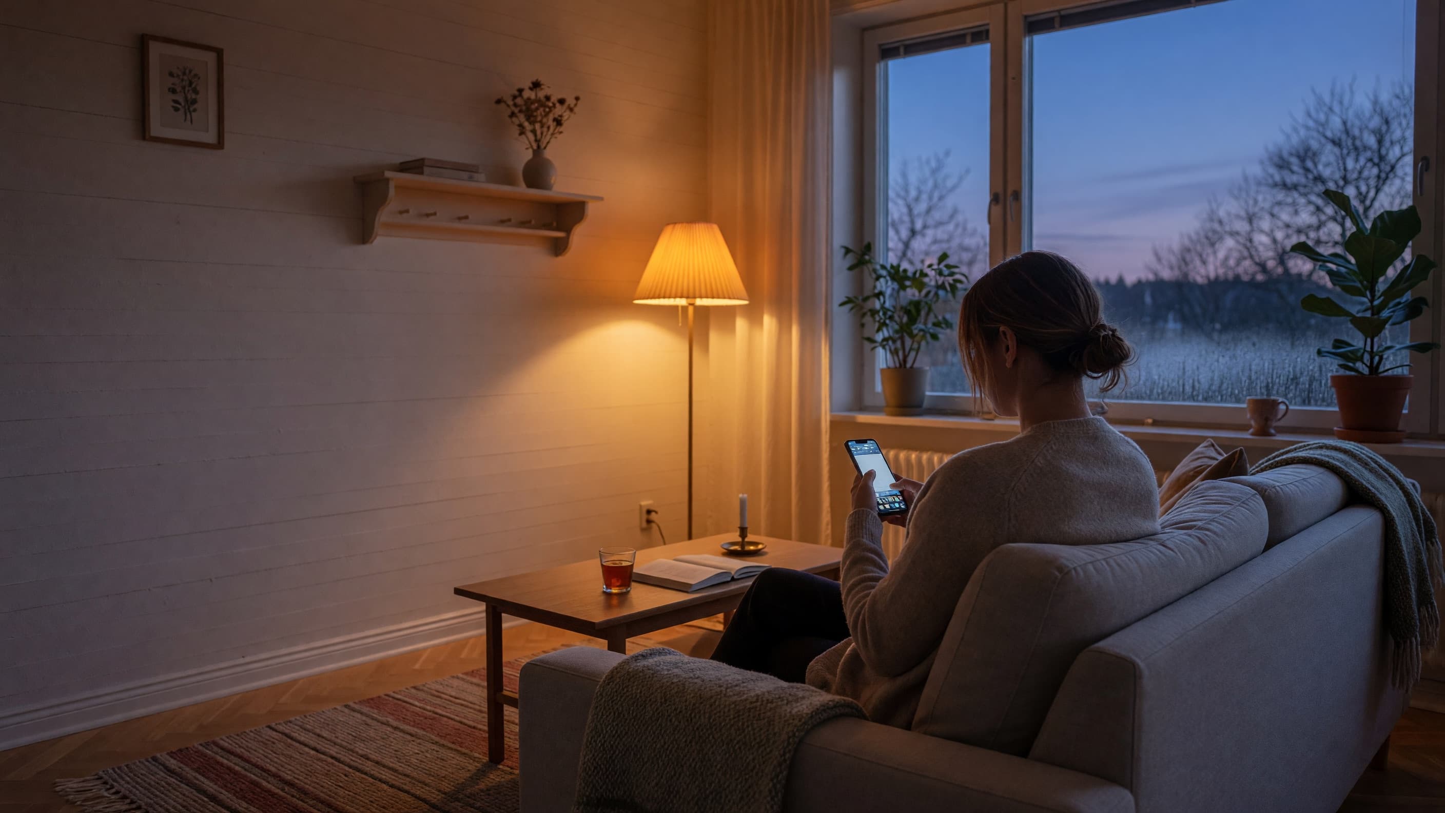 Kvinna i soffan hemma en tidig kväll, med telefonen i handen