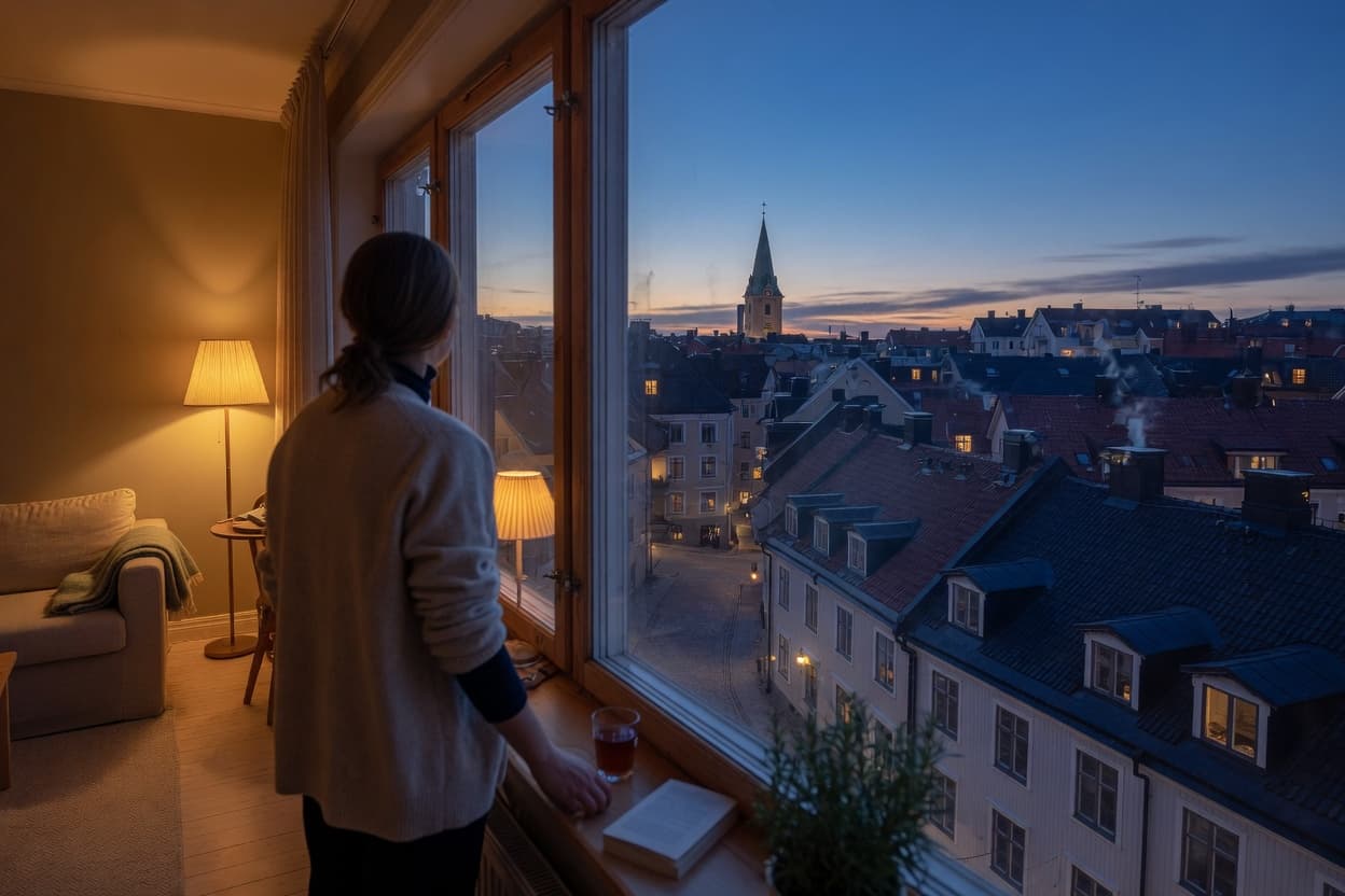 Person vid köksbordet på kvällen som läser igenom sina journalhandlingar